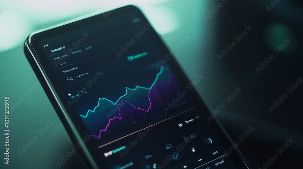 Poster a sleek smartphone rests on a surface, showcasing live stock market data. vibrant green and purple g
