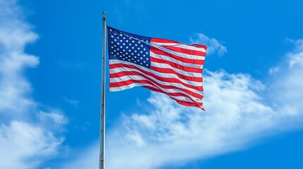 Obraz premium An American flag dances against a blue sky, evoking patriotism and historical nostalgia.