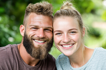 Fototapeta premium Joyful couple smiling outdoor setting portrait natural environment close-up happiness concept