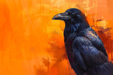 Fototapeta premium Black Carrion crow on colorful bright background