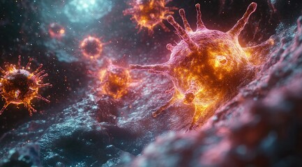 Fototapeta premium Microscopic view of burning coronavirus cells.