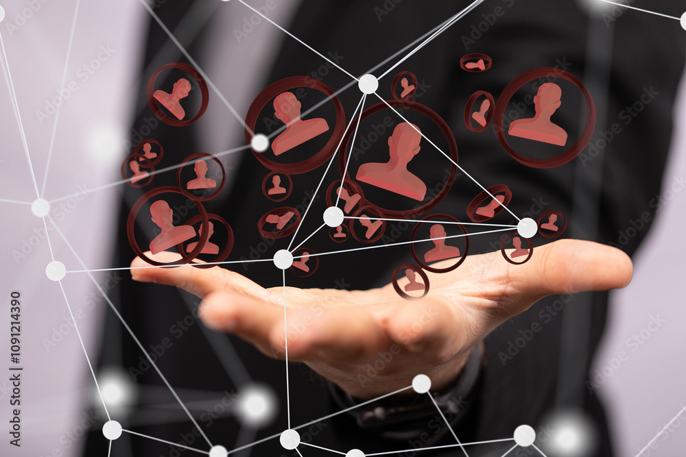 Poster businessman using data network with his fingers.