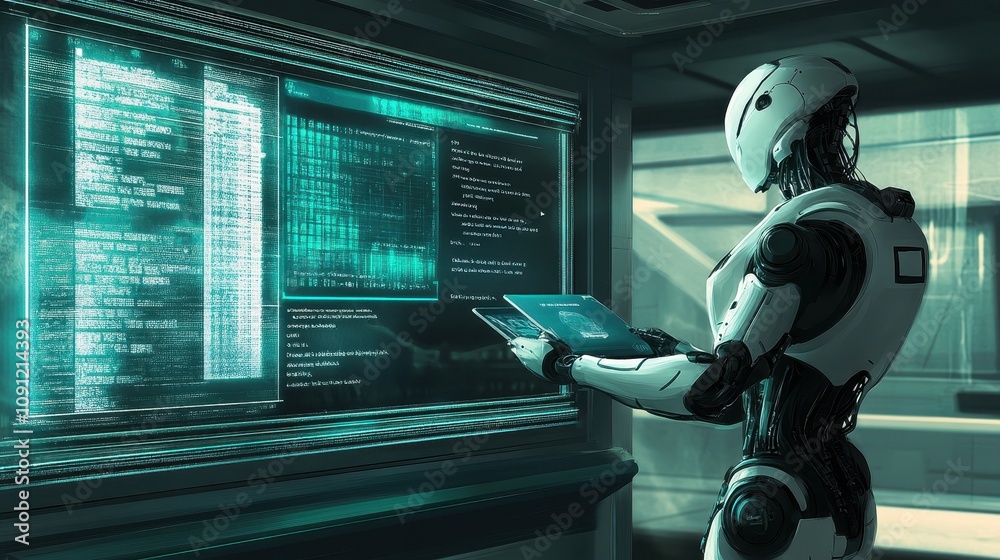 Poster a robot is standing in front of a computer monitor with a green screen