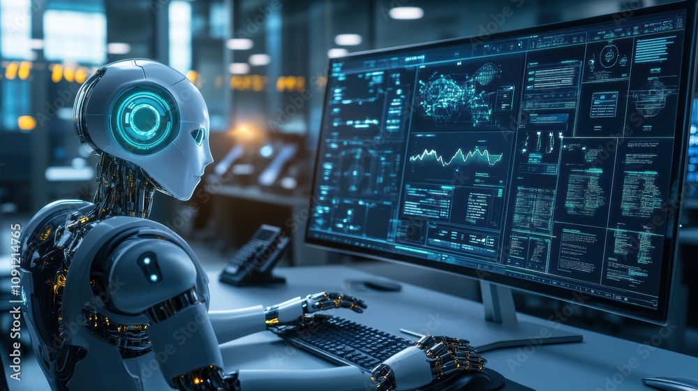 Poster a robot is sitting in front of a computer monitor, typing on a keyboard