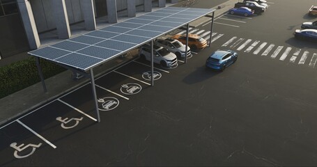 Overhead view of a modern parking lot featuring solar panels