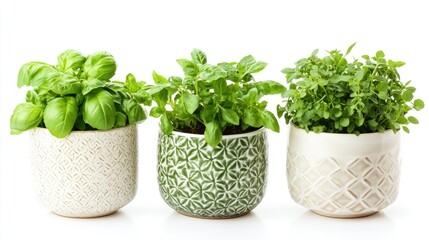 Naklejka premium Fresh potted herbs (basil, parsley, mint) arranged on a clean white background, emphasizing their freshness.
