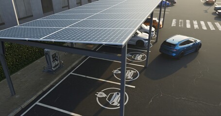 Modern parking lot featuring solar panels