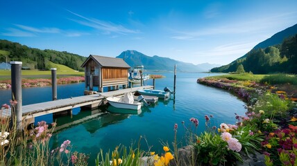 Obraz premium cottage on lake and mountains with flowers and beautiful landscape