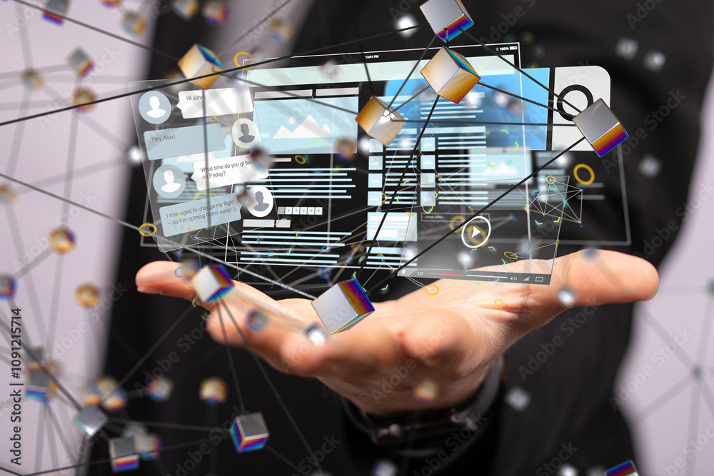 Poster Interface web application in hand 3d
