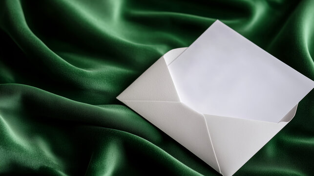 Elegant white envelope on soft green fabric for professional presentations. A pristine white envelope with blank paper inside, rests on luxurious green fabric, for formal business letters.