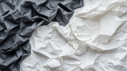 Obraz premium Textured black and white crumpled paper background with contrasting surfaces. Wrinkled black and white paper textures create a visually striking backdrop.