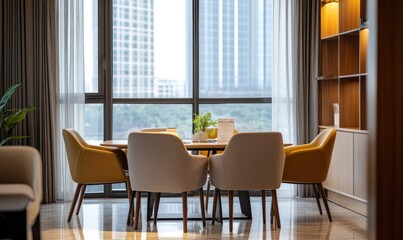Fototapeta premium Modern dining area with city view through large windows