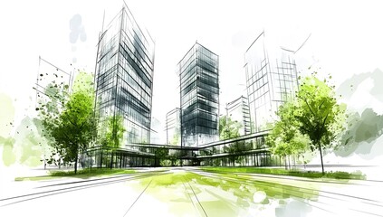 Naklejka premium A sketch of modern office buildings with green spaces and energy-efficient features, set against an urban landscape.
