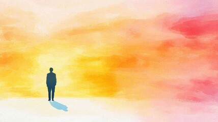 Fototapeta premium A Person Standing Alone Against a Vibrant Sunset with Warm Colors Evoking Feelings of Comfort, Reflection, and Solitude in a Digital Artistic Representation