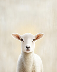 Fototapeta premium Portrait of a lamb with a radiant halo on a soft beige background, symbolizing the Lamb of God, innocence, and Christian faith.