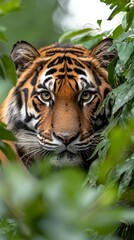 A close-up of a tiger's face peering through lush green foliage.