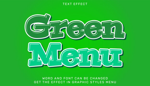 Green menu text effect template in 3d style. Text emblem for advertising, branding, business logo