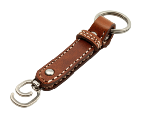 Leather keychain with metal attachment on a white isolated background.