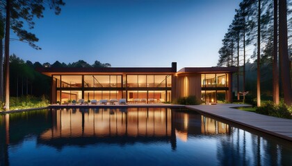 Fototapeta premium Harmony in Design: A Forest Hotel Illuminated by Tranquil Waters