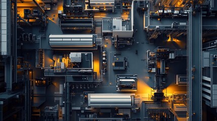 Fototapeta premium Aerial view of a futuristic industrial complex with illuminated structures.