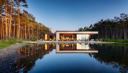 Obraz premium Illuminated Elegance: A Forest Hotel Where Nature and Design Converge