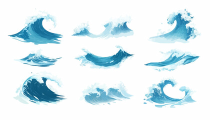 Set of sea waves, ocean waves collection, water splashes, vector illustration.