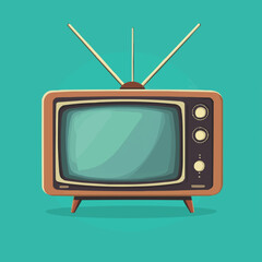 Flat design vector of a retro TV set with antennas, dials, and a curved screen.