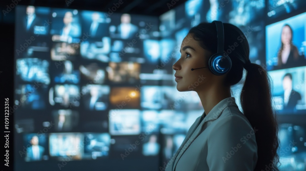 Poster a young woman wearing a headset intently observes a large video wall displaying numerous simultaneou