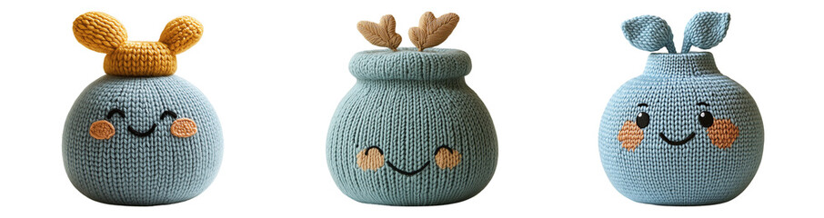 Cute Knitted Characters on Transparent Background