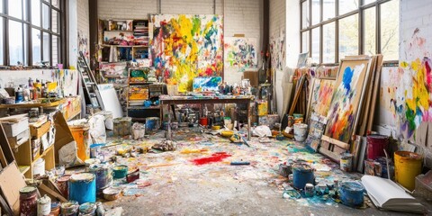 Fototapeta premium An artists studio brimming with bright paints and cre
