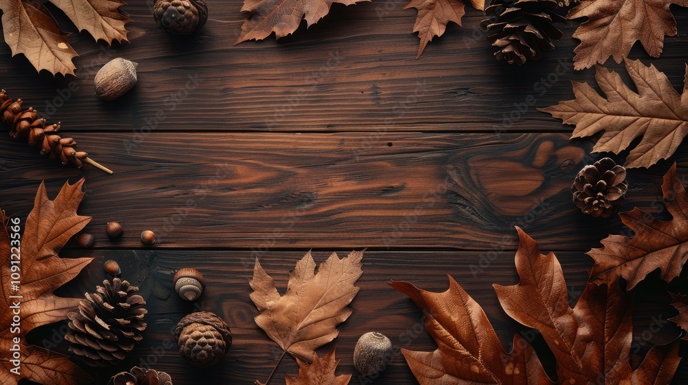 Fototapete thanksgiving background with colorful fall leaves, acorns and pine cones on a rustic wooden table. t