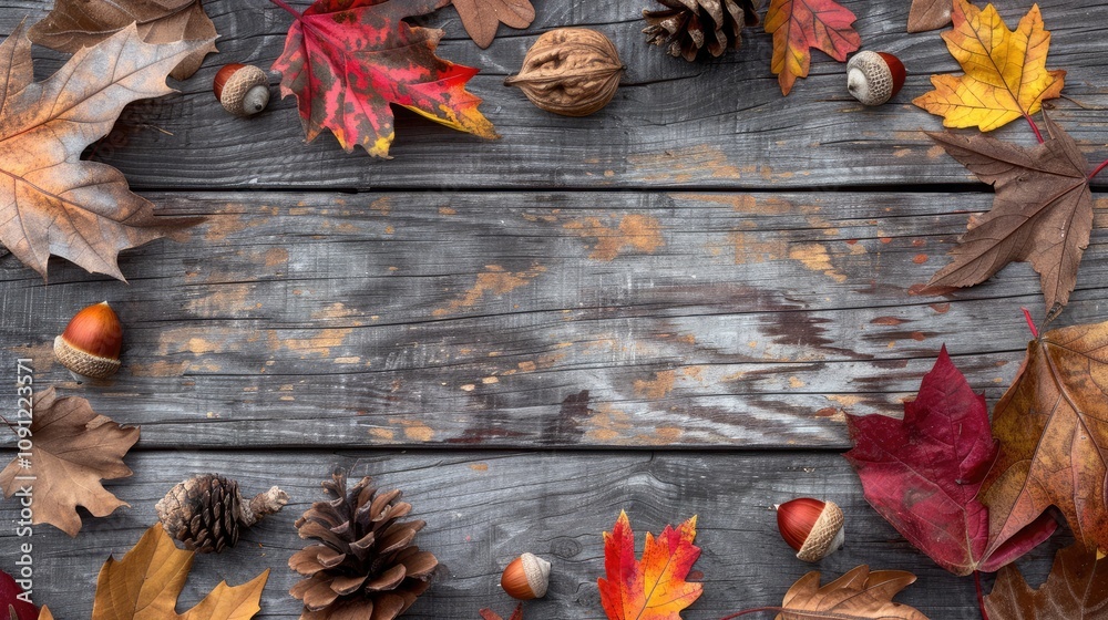 Fototapete thanksgiving background with colorful fall leaves, acorns and pine cones on a rustic wooden table. t