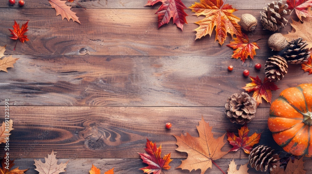 Fototapete thanksgiving background with colorful fall leaves, acorns and pine cones on a rustic wooden table. t