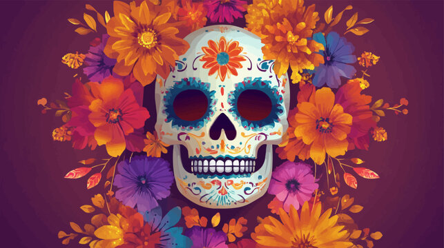 Cartoon day of the dead dia de los muertos sugar calavera skull decorated with floral pattern. Isolated vector cranium calaca head captures festive spirit, remembrance, honor and cultural significance