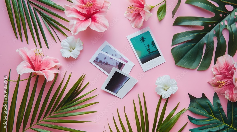 Fototapete spring summer concept, top view still life with polaroid image format.