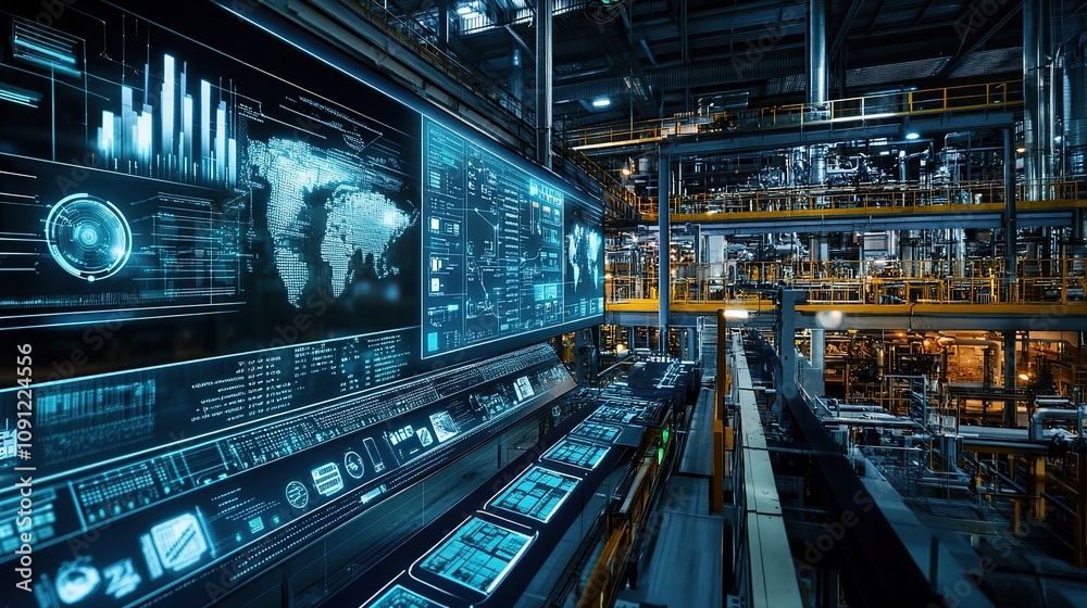 Poster a smart factory with real-time monitoring and analytics displayed on a control panel.