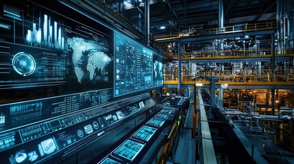 Fototapeta premium A smart factory with real-time monitoring and analytics displayed on a control panel.