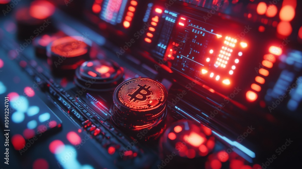 Leinwandbilder a close-up view of advanced cryptocurrency mining hardware showcasing bitcoin coins illuminated by v