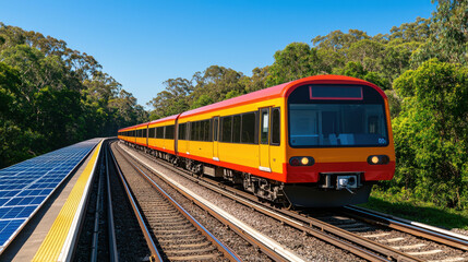 Obraz premium vibrant train travels along tracks beside solar panels in lush landscape