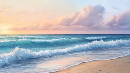 Obraz premium Soft waves lapping a tranquil beach at dusk with pastel skies
