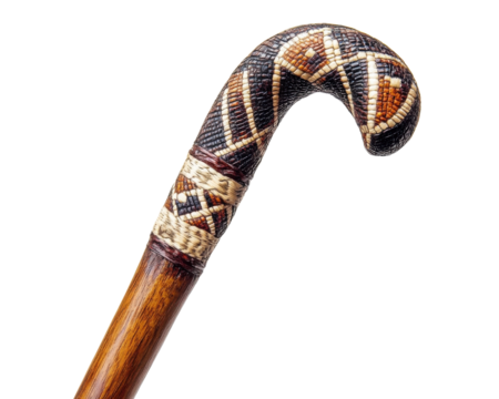 Decorative walking stick with intricate patterns and a curved handle, white isolate background.