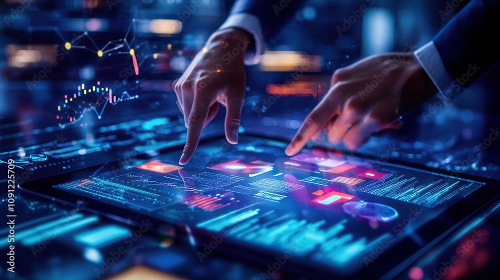 Poster hands interacting with a digital tablet displaying data and analytics.
