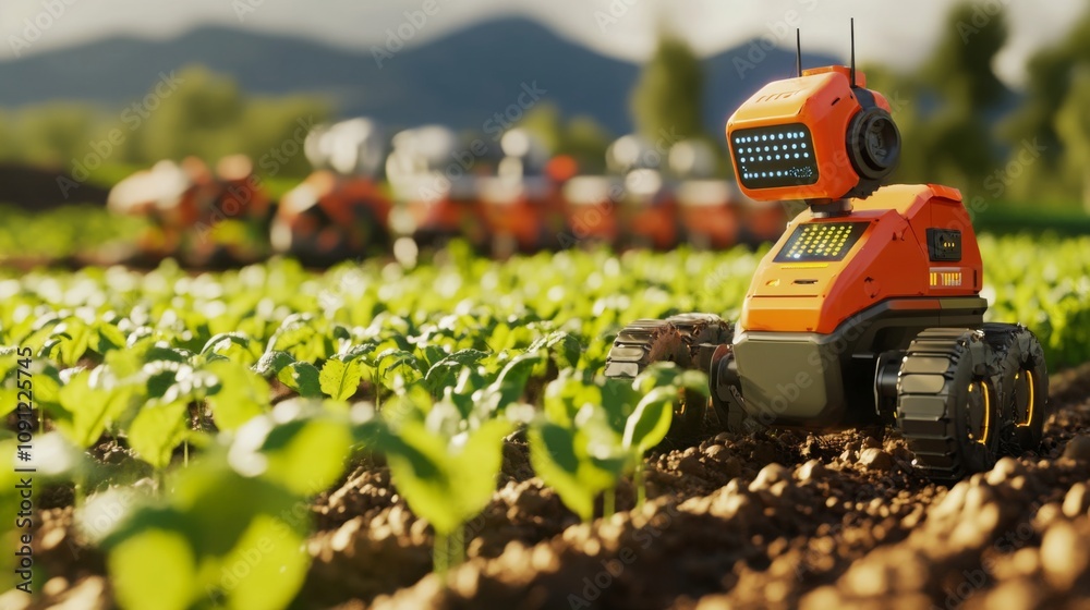 Aufkleber a bright orange agricultural robot autonomously navigates through rows of green crops. in the backgr