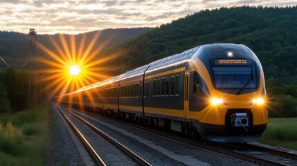 Fototapeta premium Train traveling on tracks at sunset, showcasing solar energy potential