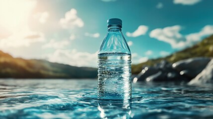 Plastic bottle floats on water under clear blue sky.