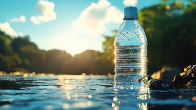 Glistening bottle illuminated by sunrise on water