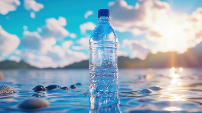 Blue capped bottle in sunlit ocean setting image