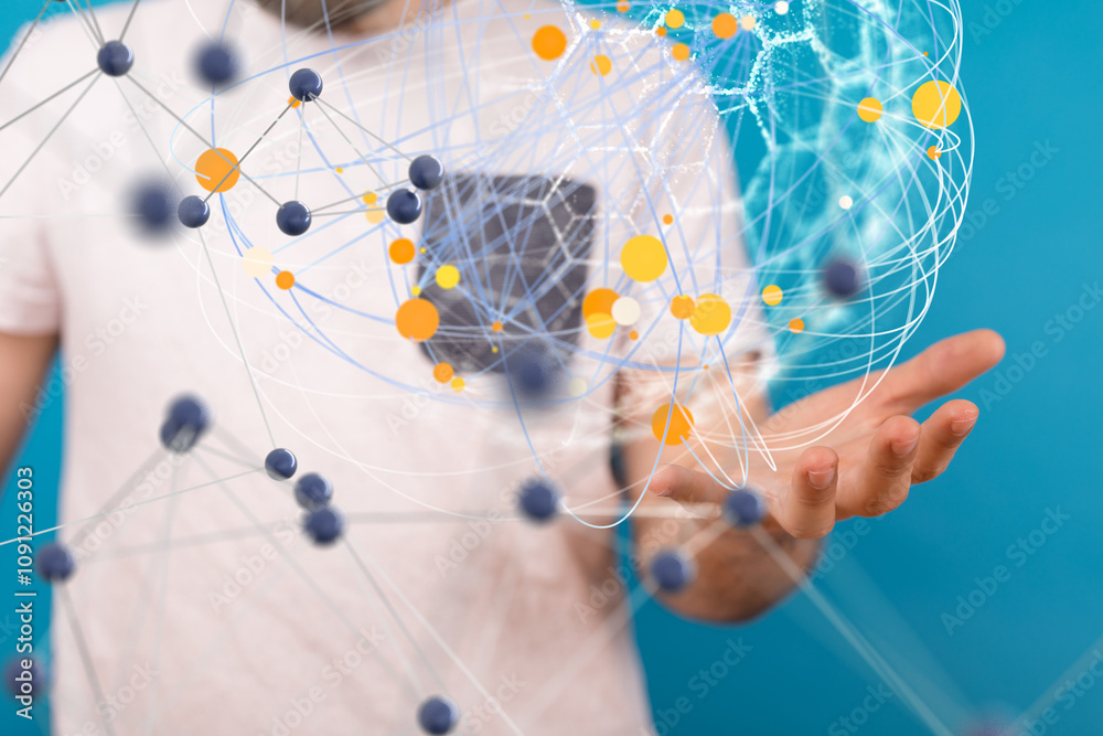 Aufkleber Global network. Blockchain. 3D illustration. Neural networks and artificial intelligence. Abstract