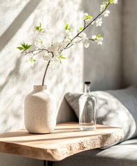 Blossom Branch in Vase on Wooden Table in Minimalist Setting