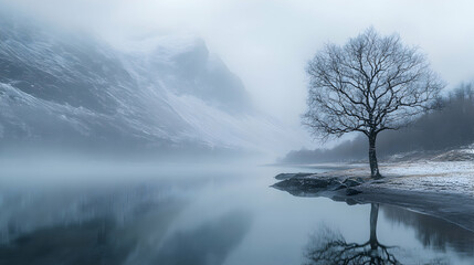 Misty Mountain Lake with Solitary Tree Reflecting Serene Winter Landscape Photography